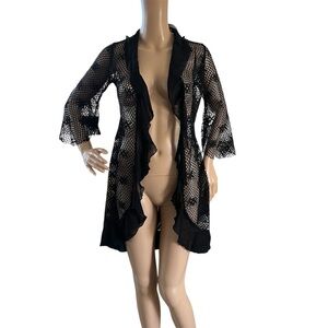 T Collection black crochet lace duster ruffled trim cover-up
